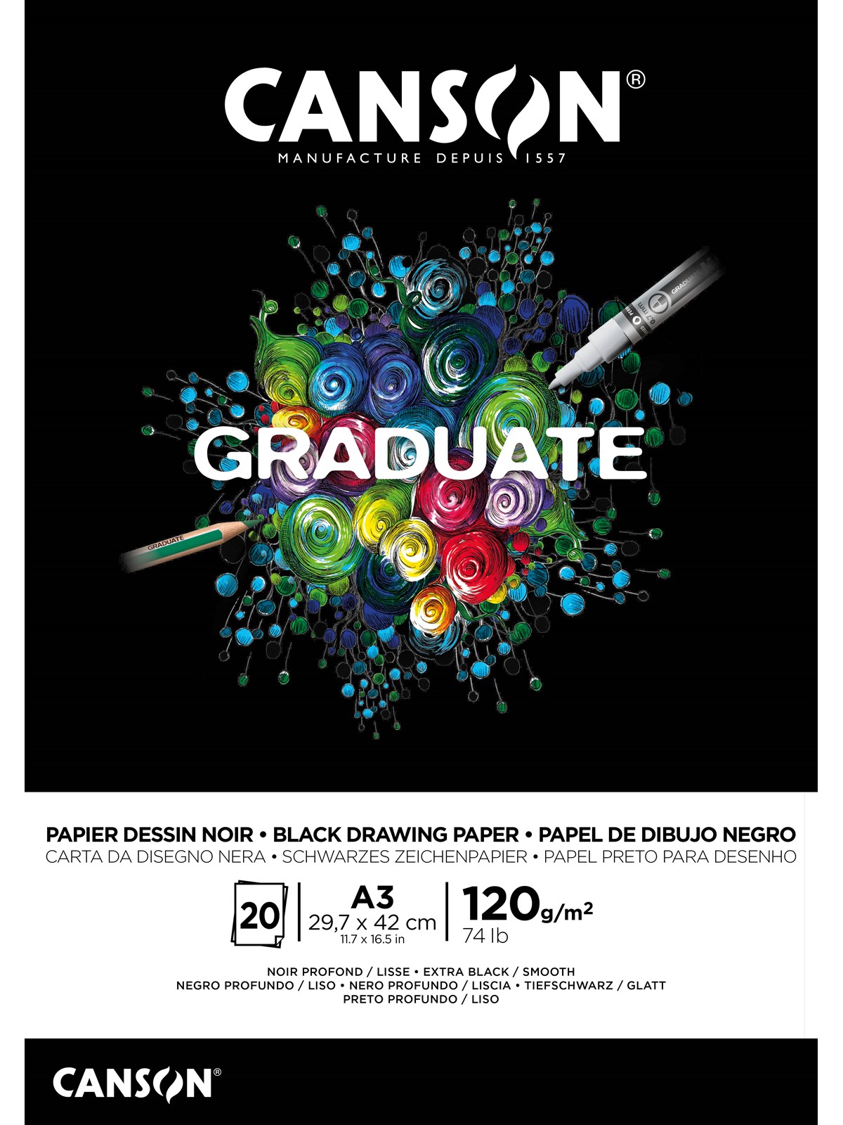Canson Graduate Black Paper Pad A3 120G 20 SH