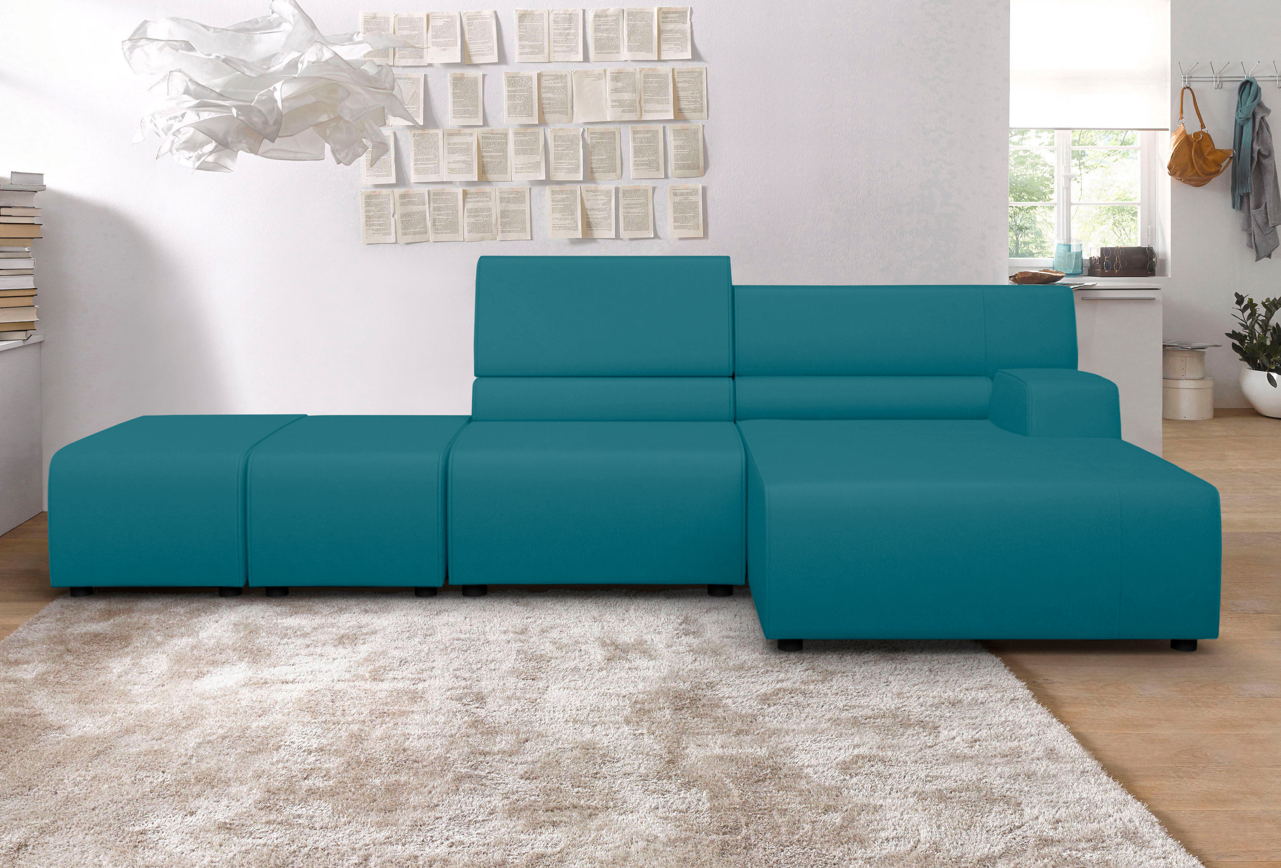 Ecksofa EGOITALIANO "Babouche, Designsofa mit außergewöhnlichem Sitzkomfort zum Wohlfühlen", blau (türkis), B:384cm T:98cm, Leder CAREZZA (echtes Rindsleder) ist ein Naturleder, dass die ursprünglichen Eigenschaften der Haut nicht verändert. Das Vorhanden