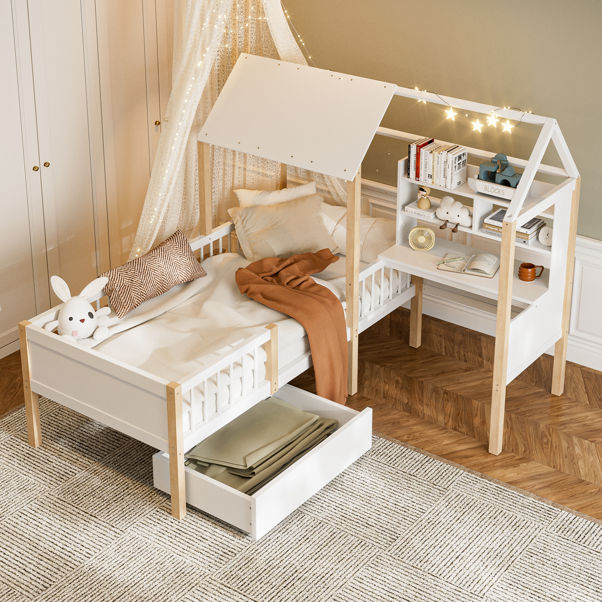 STILVORA Kinderbett 90x200cm Holzbett mit Rausfallschutz und Lattenrost,Hausbett Bettgestell mit L-f