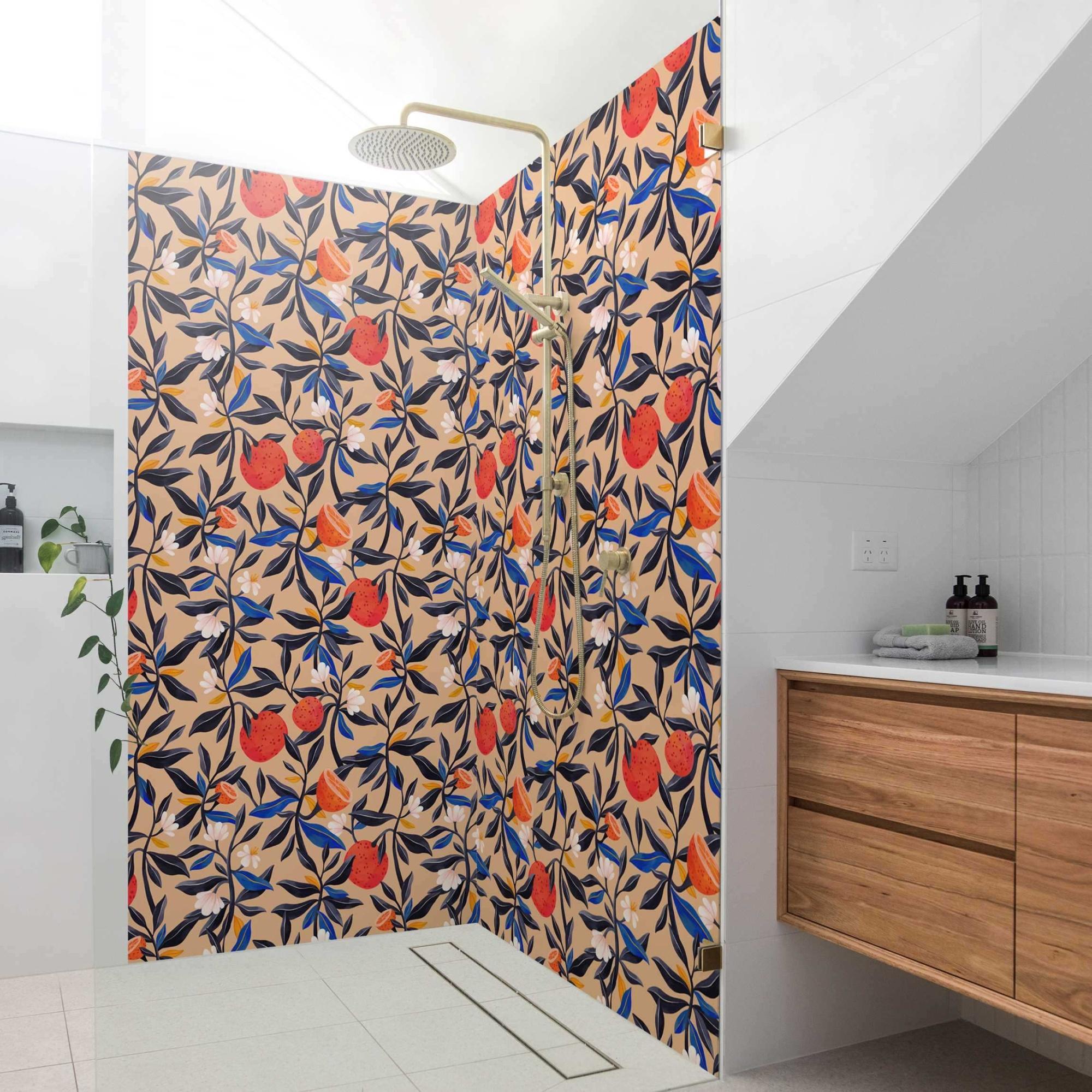 Duschrückwand Blumen selbstklebend - 0.61 mm Wandpaneel wasserfest Ranke beige Tropisch Badrückwand fugenlos Premium matt 100x200 cm