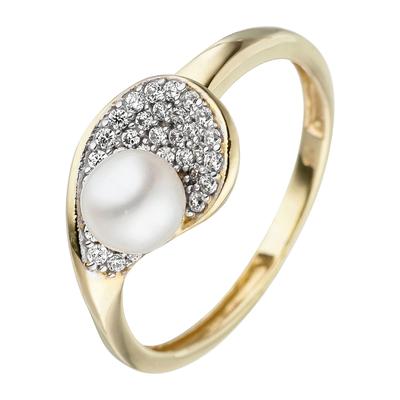 Perlenring JOBO Gr. 52, gelb (gelbgold 375), Fingerringe, Damen, 52, Gelbgold 375 Perlen, Gelbgold 375, Perlen, Perlenring, 375 Gold mit Perle und Zirkonia