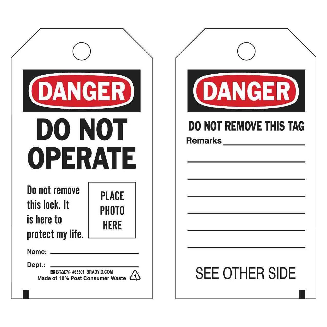 Brady B-851, Foto-Anhänger für Warnhinweise, Schwarz & Rot auf Weiss, Beschriftung: "DANGER DO NOT (B851 UNLAMINATED PHOTO TAG)