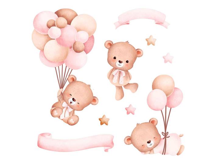 Wallfluent Wandaufkleber 100x145cm - Teddybären und Luftballons, Mehrfarbig, Kunststoff, Rechteckig, 100x145x0.1 cm, Tapeten & Wandverkleidungen, Wandtattoos & Sticker, Wandtattoos
