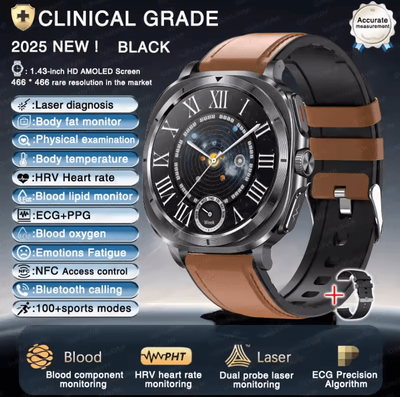 Inspire Curations AI Laser Health Smartwatch With ECG PPG, Uric Acid & Blood Lipid Analysis brown Leather