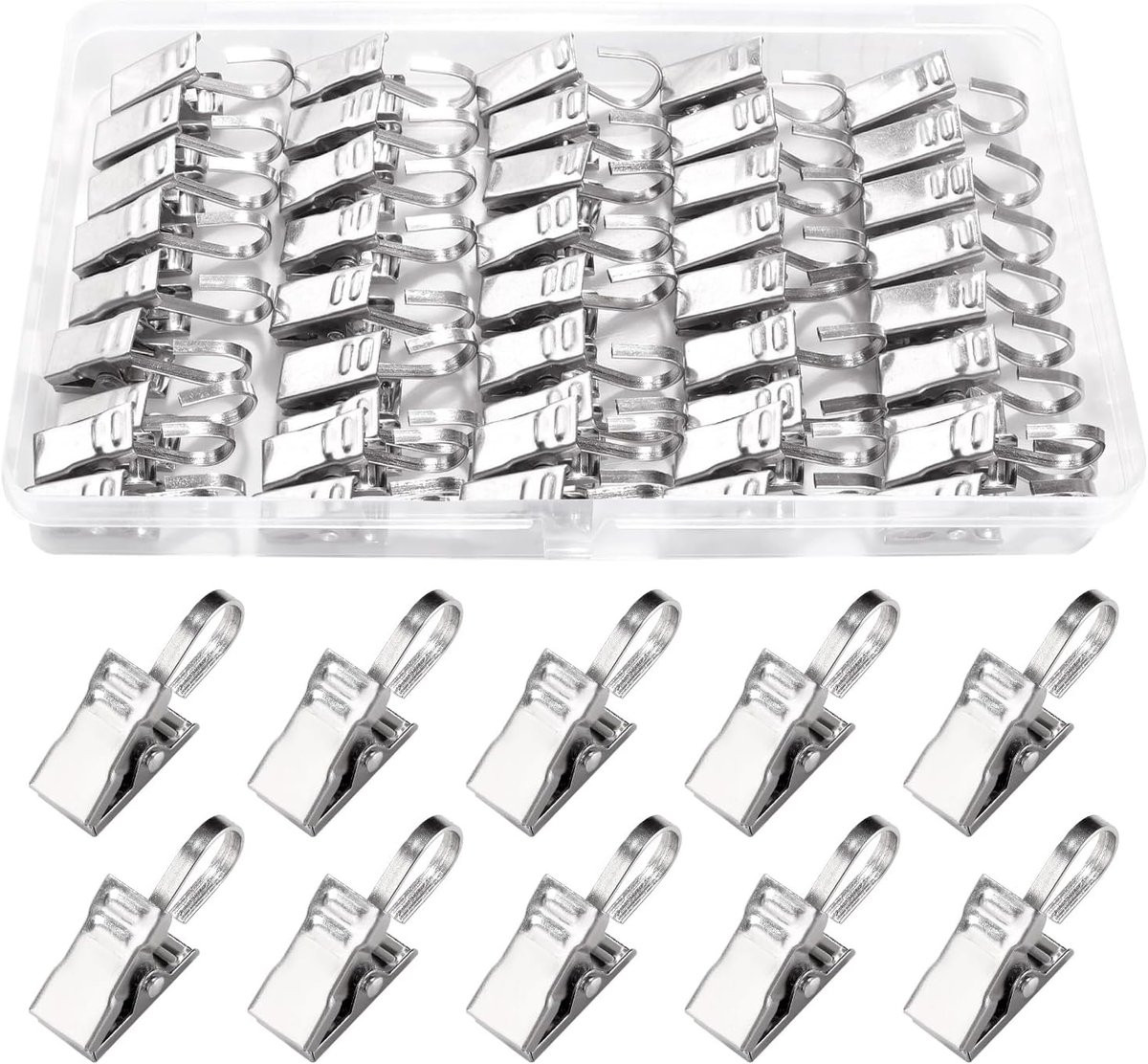 50 stuks Gordijnclips met haakjes, RVS, Zilver