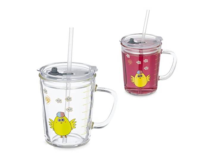 Relaxdays drinkglazen set van 2, met rietje en deksel, kuikenprint, kinderglazen, maatstrepen, 400 ml, transparant
