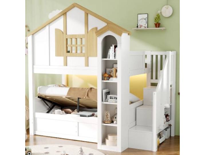 YAIXBNG Etagenbett mit hydraulischem Unterbett, Hochbett aus Massivholz, Kinderbett, 90 * 200+90 * 200cm, Holzbett, Hausbett, mit LED und Stauraumtreppe, Burgförmige Lagerung, weiß+Naturfarbe