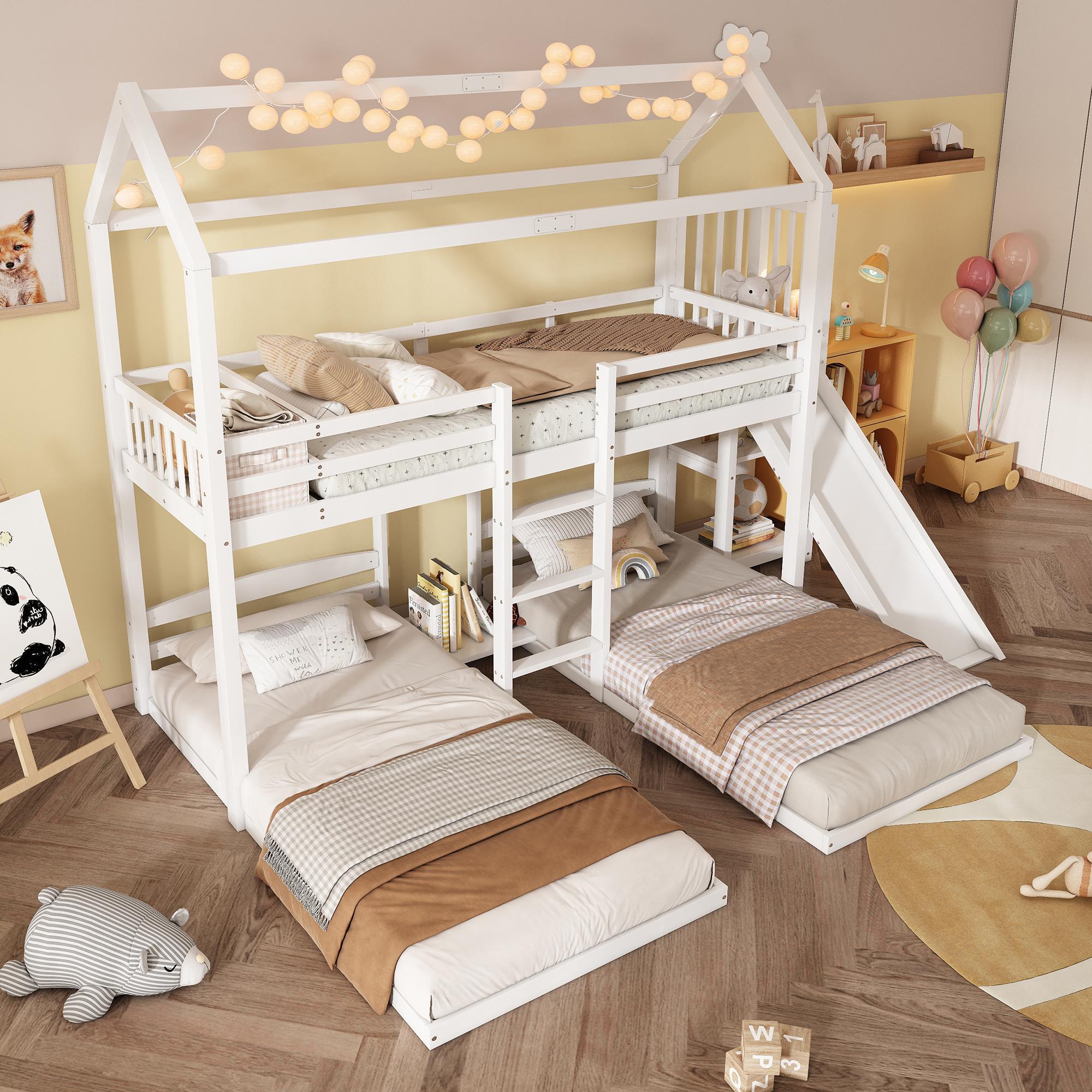okwish Etagenbett Stockbett 90x200cm, Drei Einzelbett mit Rutsche, Hochbett mit Rausfallschutz, Massivholzbett Kinderbett Bettgestell mit dreistufiger Leiter und 1*Lattenrost, weiß(Unterbett ohne Lattenrost)