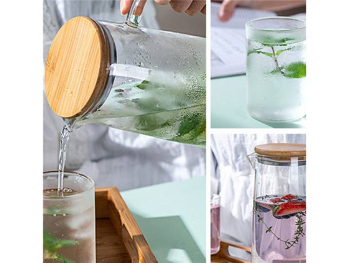 Pichet d'eau en verre ABRS-3X 1,7 l, avec poignée, couvercle en bambou, résistant à la chaleur, capacité de bouilloire froide et chaude, pichet à thé, pichet à jus d'eau