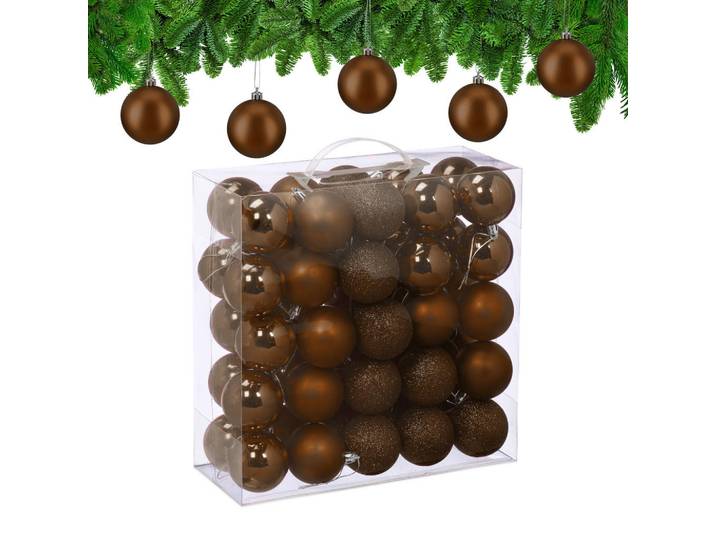 Relaxdays Weihnachtskugeln Braun 50er-Set Kunststoff, Rund, 6x7x6 cm, Dekoration, Weihnachtsdekoration, Christbaumschmuck