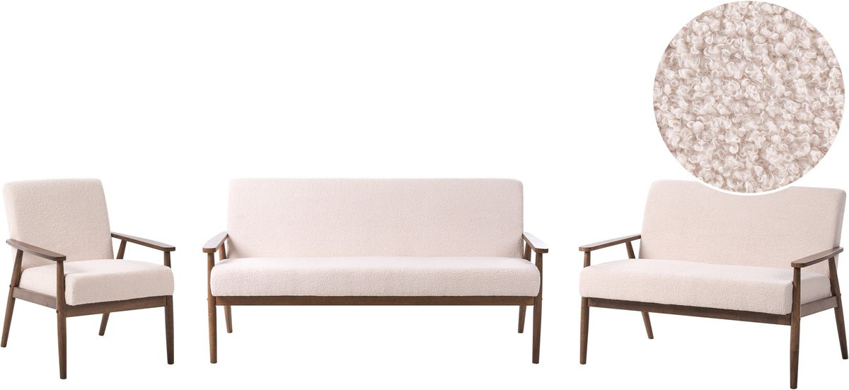 Beliani Bankenset Esrum - Beige/Donkerbruin - Bouclé - Mid-century stijl