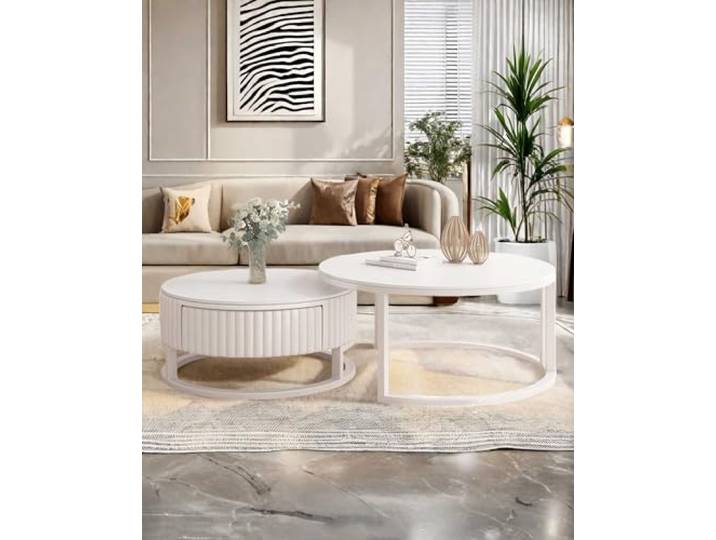HRXQ Rund Couchtisch Weiss 50+70cm Modern Nested Couchtisch 2er Set Space Saving Sofatisch Kaffeetisch Für Wohnzimmer, Balkon Und Büro, Metallgestell