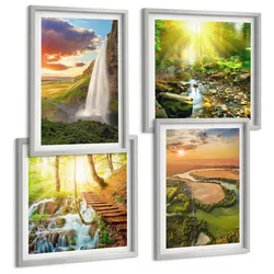 BILDER SET 4er Set - 50x50 cm & 40x60 cm Silberner Rahmen - Orange Mountain Wasserfall