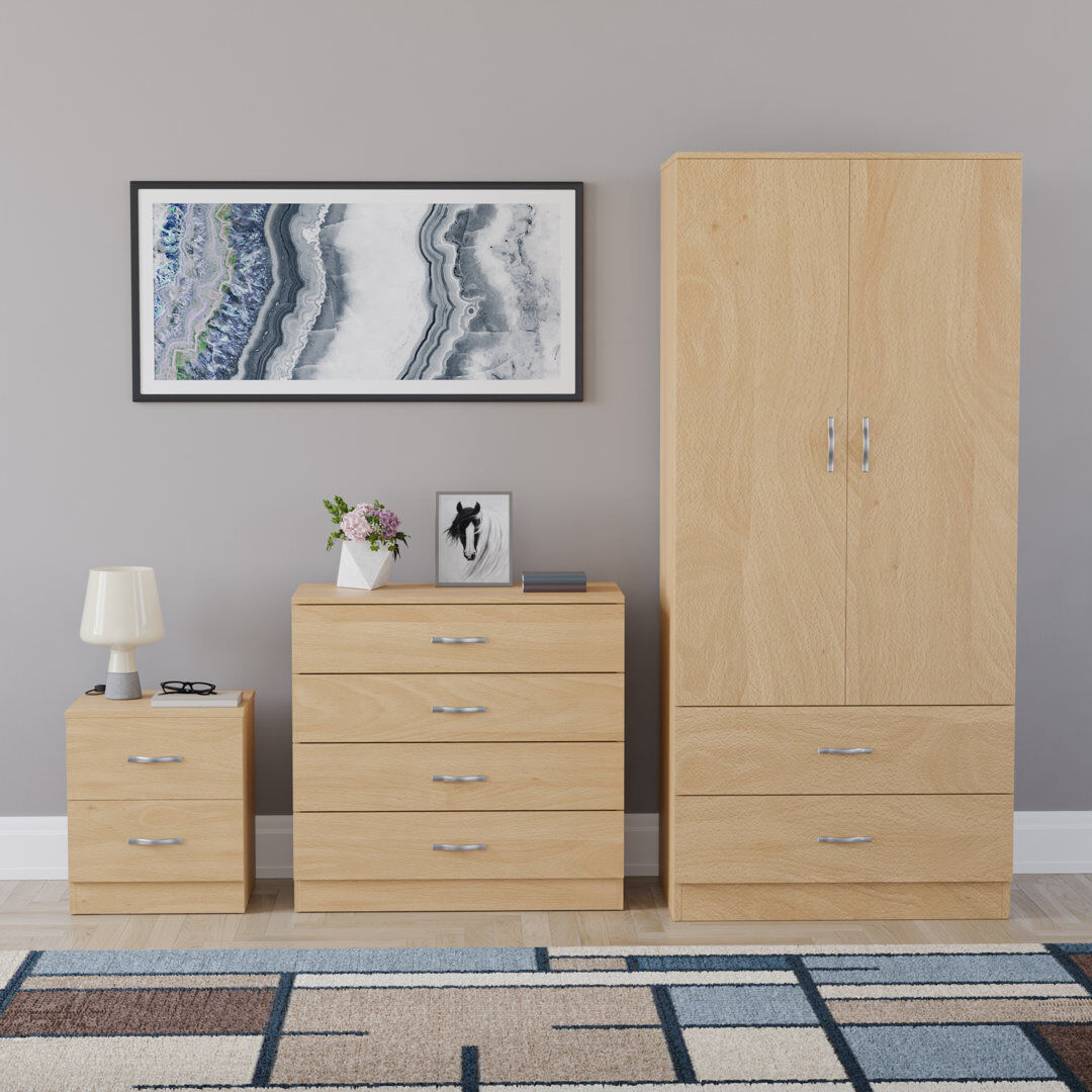 17 Stories Maybery 3 Piece Bedroom Set (2 Drawer Bedside Chest, 4 Drawer Chest, 2 Door 2 Drawer Wardrobe), (4) Pine
