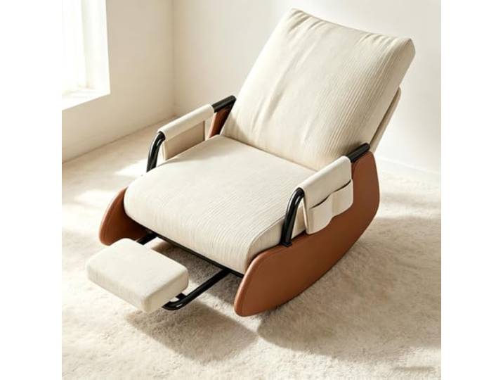 Schaukelsessel Modern - mit Ausziehbarer Fußstütze Kompakter Loungesessel mit herausziehbarer Fußstütze und weichen Armlehnen für Schlafzimmer.
