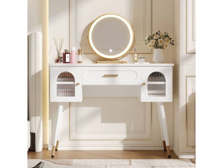 Coiffeuse - ZEVKOR - Makeup Vanity LED - Miroir LED rond - 1 tiroir 2 portes - Blanc et doré