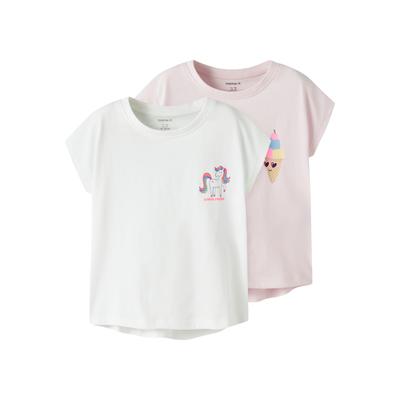 Kurzarmshirt NAME IT "NMFVARUTTI 2P CAPSL LOOSE TOP", Mädchen, Gr. 110, rosa (hellweiß pack:cradle pink), Jersey, Obermaterial: 100% Baumwolle, bedruckt, loose fit normal, Rundhals, Shirts, Baumwolle, loose fit
