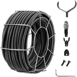 VEVOR Rohrreinigungsspirale 30 m x 19 mm, Rohrreinigungsspirale aus Stahl und 4 Schneidern für Rohre von 100 bis 200 mm, Rohrreinigungsspirale mit innerem Kern für Spüle, Bodenablauf, Toilette