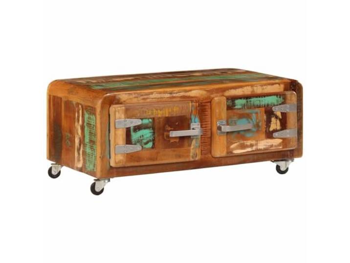 Tmriohed Couchtisch 85x55x40 cm Altholz Massivholz mit Rollen Rustikaler Sofatisch aus recyceltem Echtholz mit 2 Türen und Metallrollen für flexible Nutzung im Wohnzimmer.