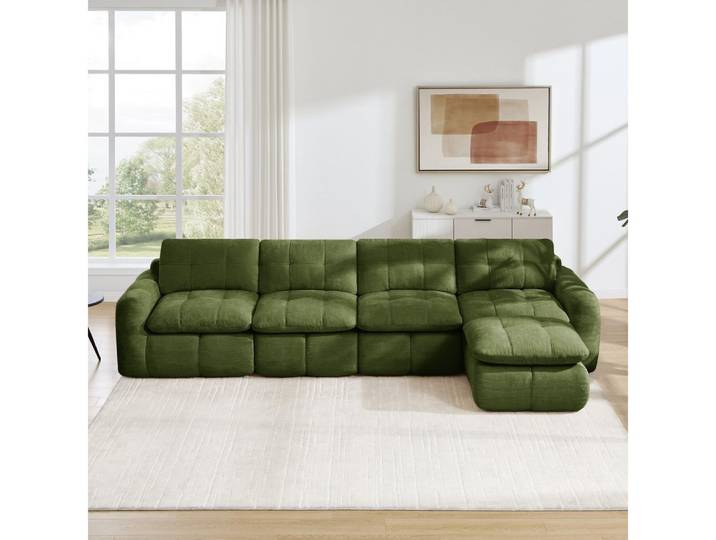 BBWL Sofa rahmenlos, Chenille, Karosteppung, tiefe Sitzfläche, 1 Ottoman, 4-Sitzer L-förmiges Modulsofa, flexibel