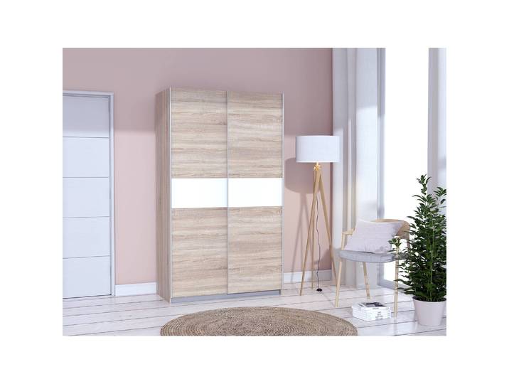 Schwebetürenschrank Beveren 120 x 210 x 61cm Braun/Weiß/Eiche Sonoma Dekor/Weiß