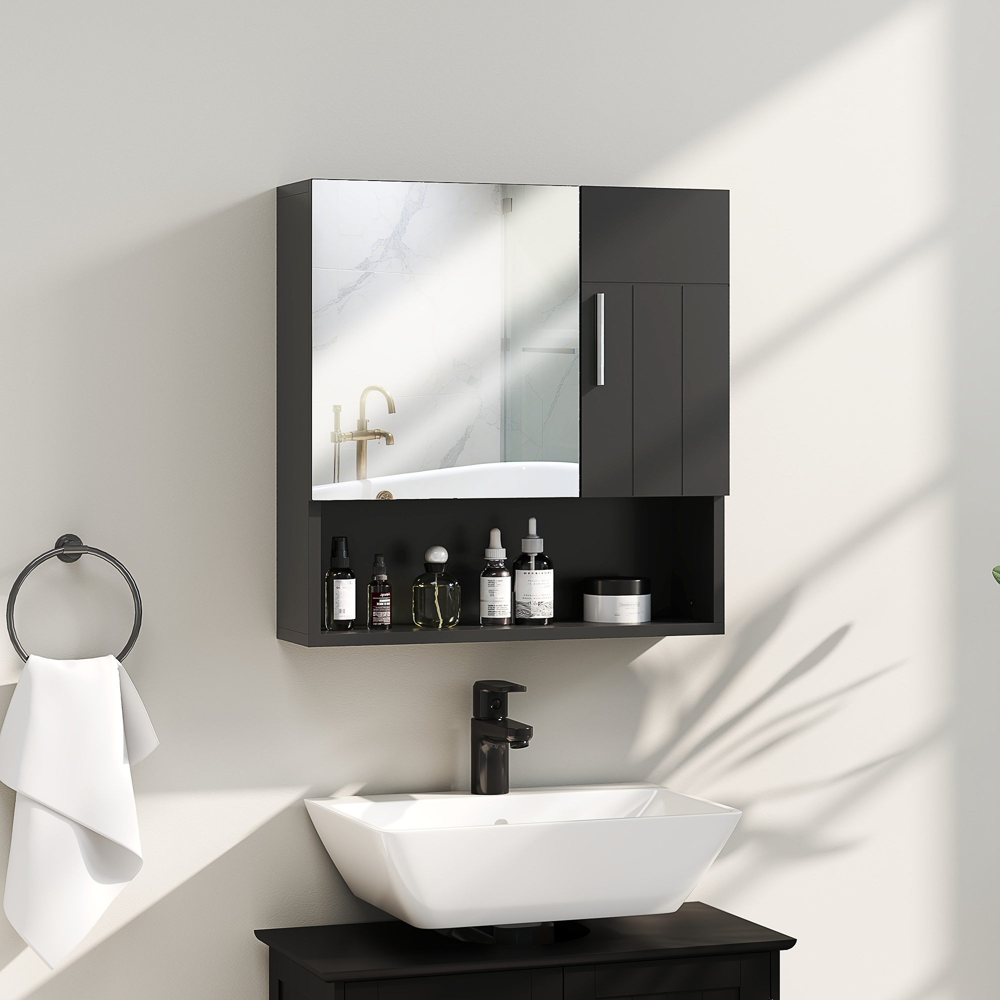 Kleankin Armadietto Specchiera Bagno in Legno con Mensole Regolabili e Ripiano Aperto, 54x15.2x55.3 cm, Nero   Aosom Italy