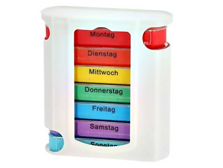 Medikamenten-Boxen, 7 Tage, bunt, je 4 Fächer