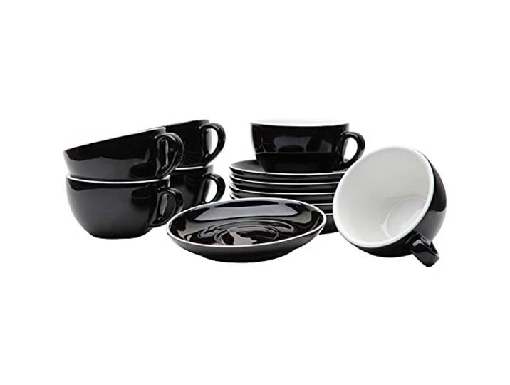 Gastro Spirit - 12-teiliges XL Cappuccino-Tassen Set - Schwarz, 280 ml, Porzellan, dickwandig, spülmaschinenfest, italienisches Design - 6er Kaffee-Tassen Set mit Untertassen