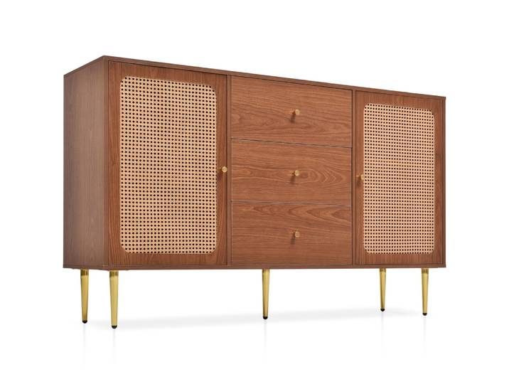Buffet vintage en bois et cannage avec tiroirs centraux