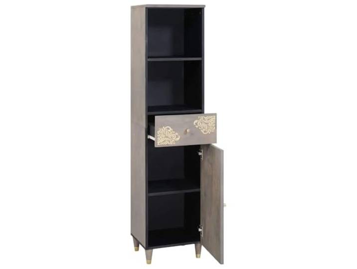 Badezimmerschrank Grau 38 x 33 x 160 cm Massivholz Mango Sideboard Goldenes Druckdesign, Messingknoepfe, zylindrische Fuesse, buendige Tueren, Holzwerkstoffe fuer Stabilitaet