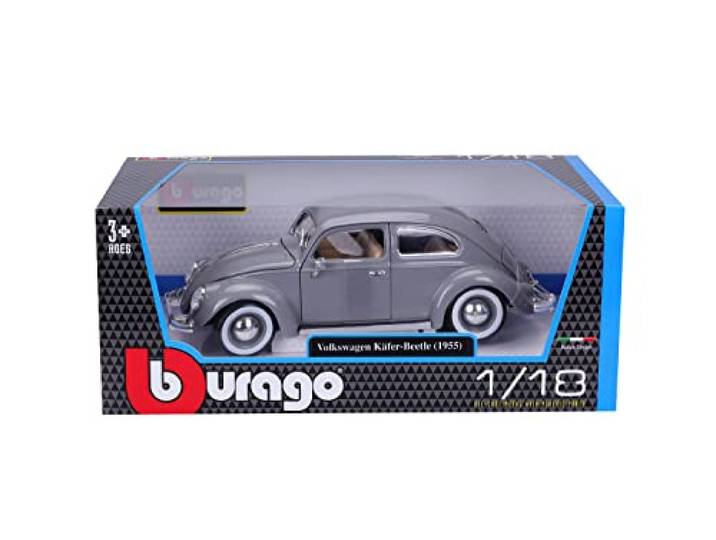 Bburago Volkswagen Kever (1955): modelauto op schaal 1:18, deuren, kofferbak en motorkap beweegbaar, grijs (18-12029G)