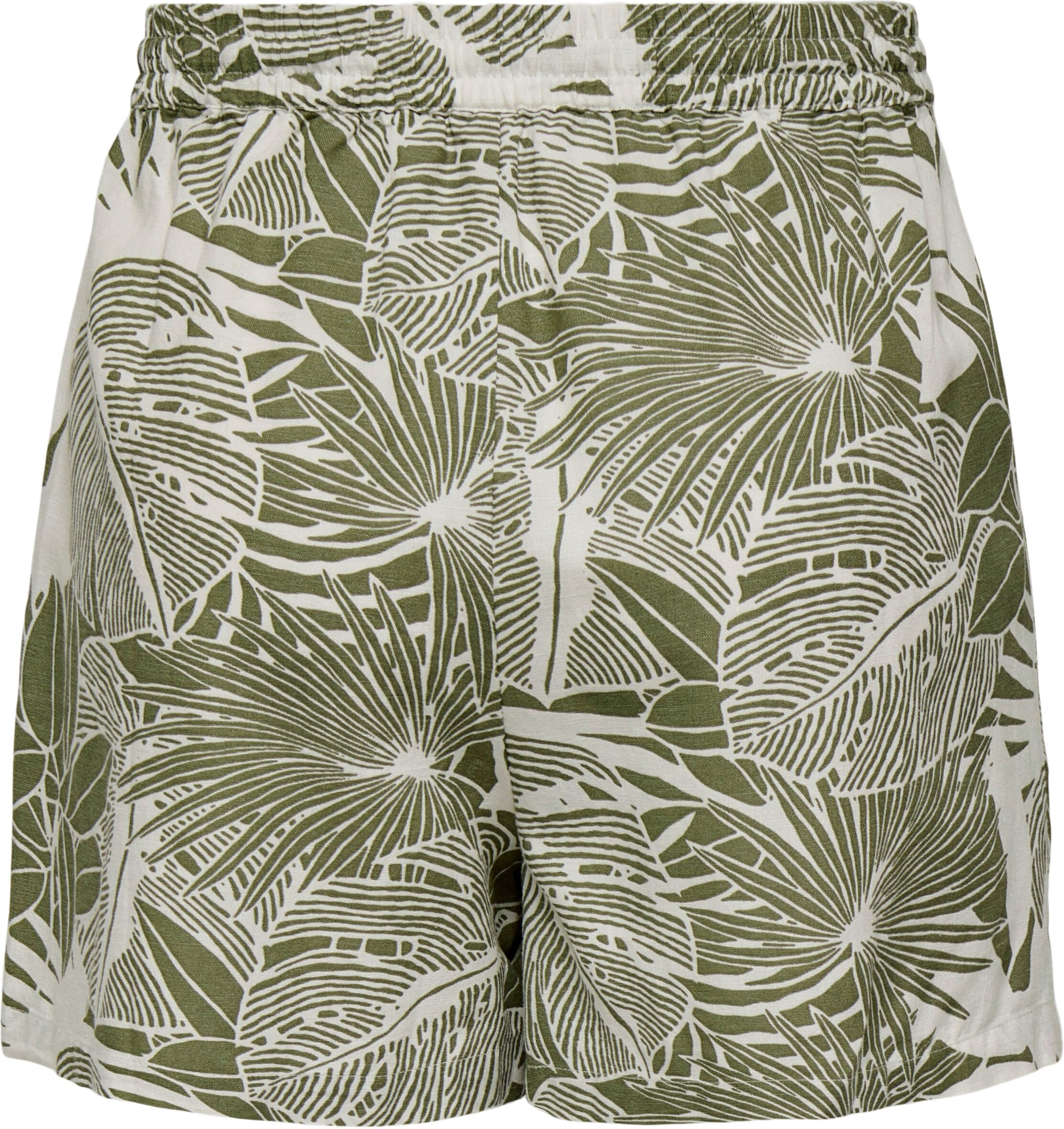 Shorts ONLY "ONLJAKIRI LINEN SHORTS WVN", Damen, Gr. S (36), N-Gr, grün (cloud dancer aop:grün tropical), Web, Obermaterial: 50% Viskose, 35% Baumwolle, 15% Leinen, bedruckt, regular fit kurz, Hosen Shorts, Viskosemischung, regular fit, mit Leinen cloud d