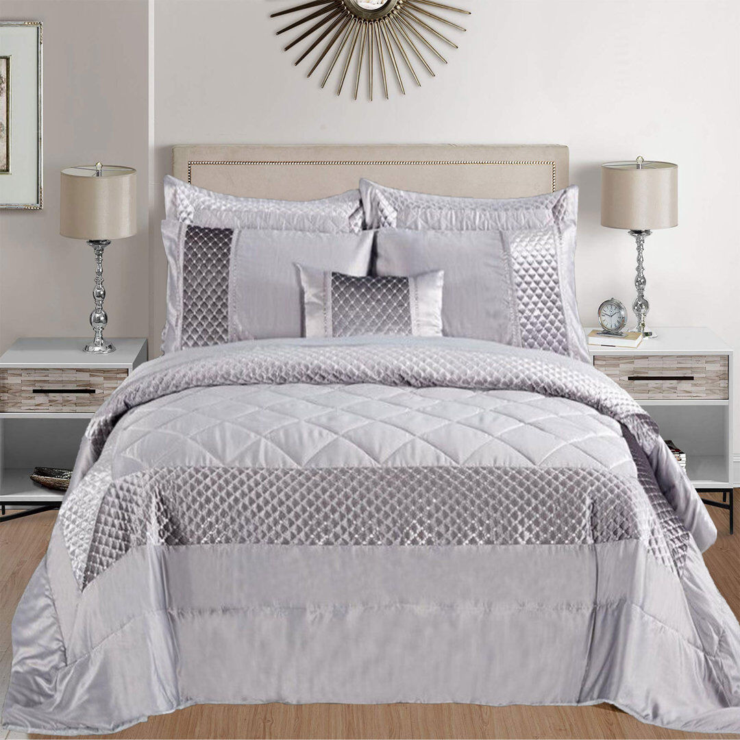 Fairmont Park Atlanta Quilted Velvet Embossed Bedspread Set with Matching Pillowcases – Soft, Luxurious & Machine Washable Bedding Silver 250 x 250cm Bedspread + 1 Pillow Sham
