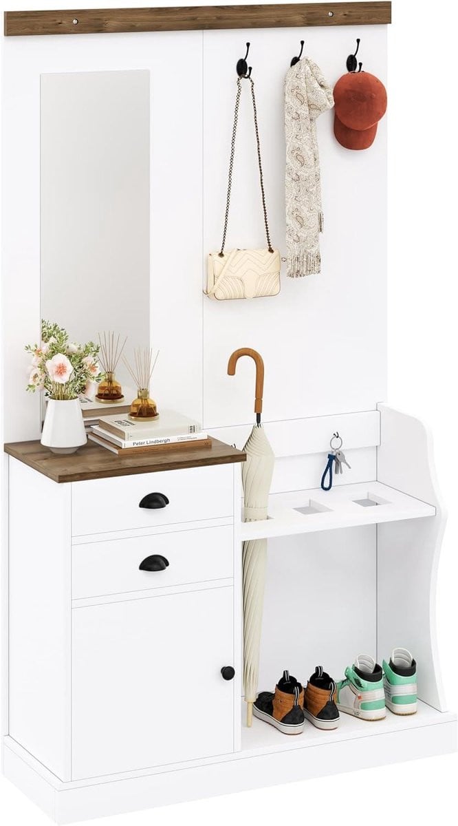 Garderobe Set Entree Meubel met Spiegel, Lades en Haken in Wit Houtlook, Hoogte: 191 cm