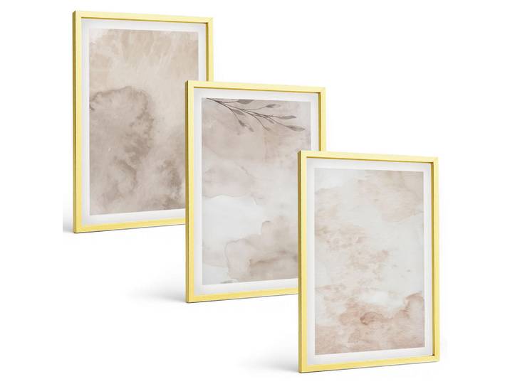 Tulup Bilder SET 3er Set - 40x60 cm Goldrahmen - Verschüttete Boho-Aquarellfarben, Goldfarben, Kunststoff, Rechteckig, 40x60 cm, gerahmt, Bilder & Rahmen, Bilder