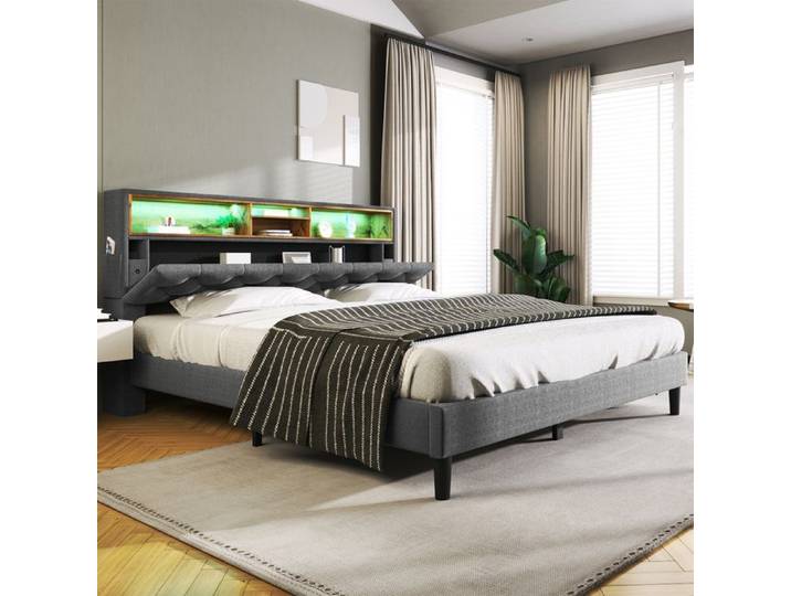 Lit adulte 140x200 cm - Tête de lit avec rangement LED - Gris - MODERNLUXE - Design contemporain