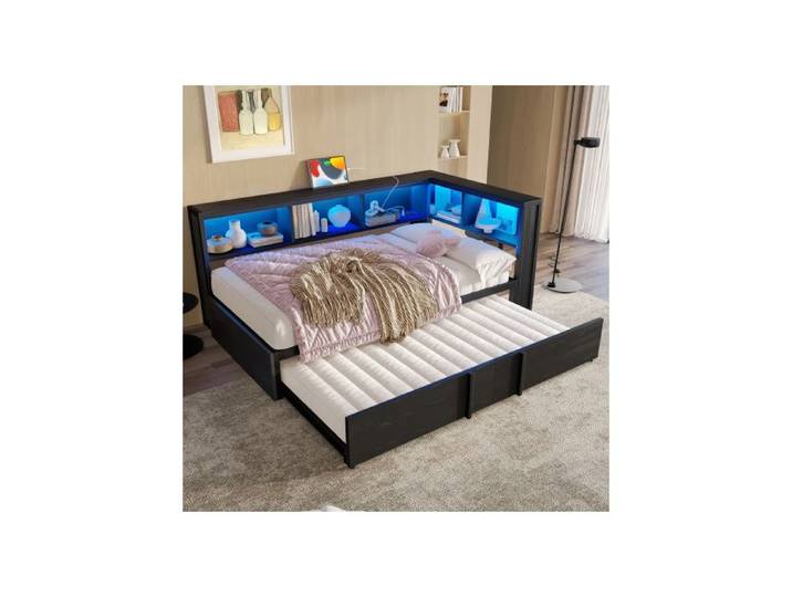 Lit gigogne banquette - SOGEU - Lit gigogne banquette 90x200 cm - Métal et MDF noir - LED intégrée & USB - 3 tiroirs