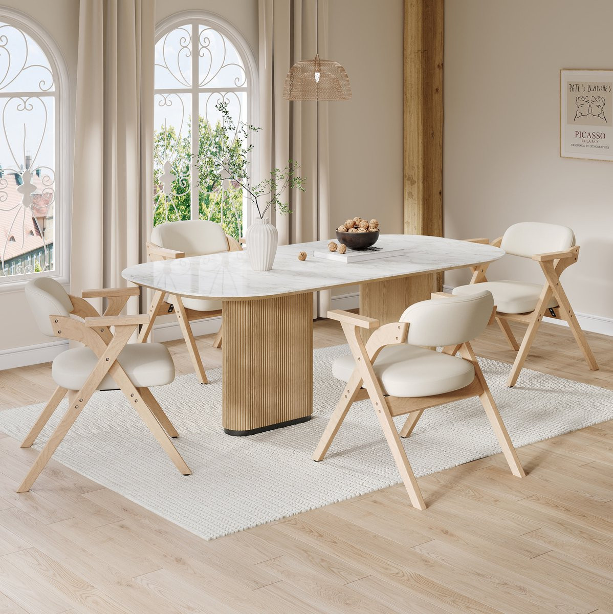 MODENUIT Eetkamerstoel Set van 4 - Klapbaar met Armleuningen - Linnen Zitting - Hout - Beige