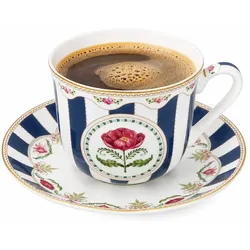 Flowery Cappuccinotasse mit Untertasse 400ml Porzellan floral blau Kaffee Tee