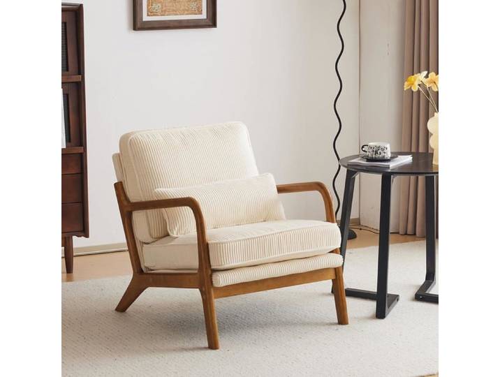 VINGLI Fauteuil de Salon avec Cadre en Bois Fauteuil d'Appoint Relaxation Chaise d'Attente Velours Côtelé Beige