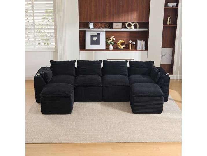 Canapé Modulable en L 4 places Canapé d'angle 4 places 2 poufs des coussins de dossier des porte-gobelets. velours côtelé noir