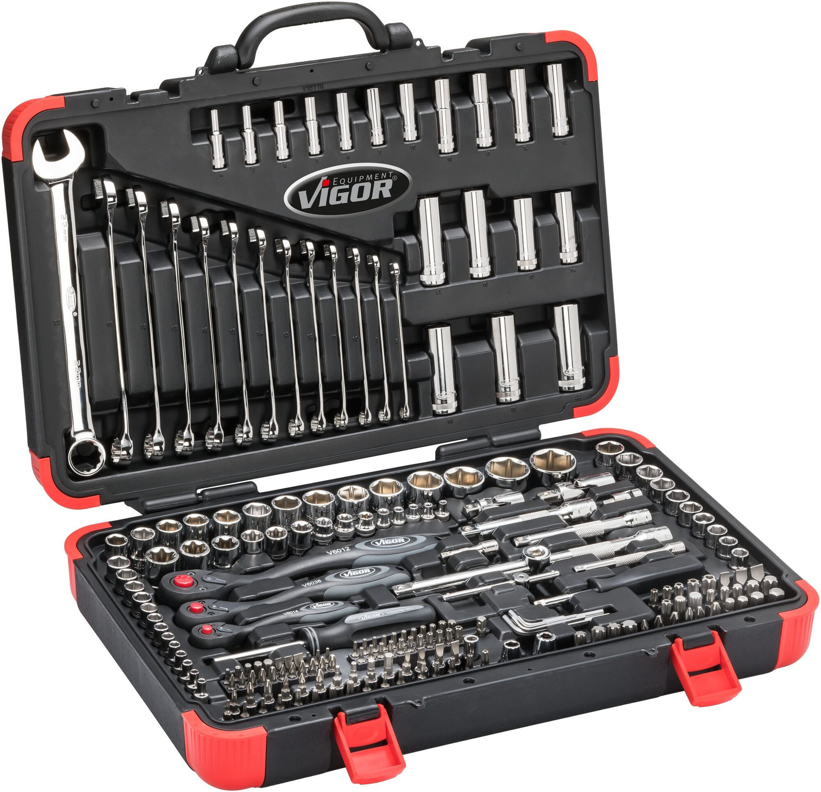 Vigor steeksleutels set V3277N met E-profiel in de maten 5/16", 1/4", 3/8" en 1/2"