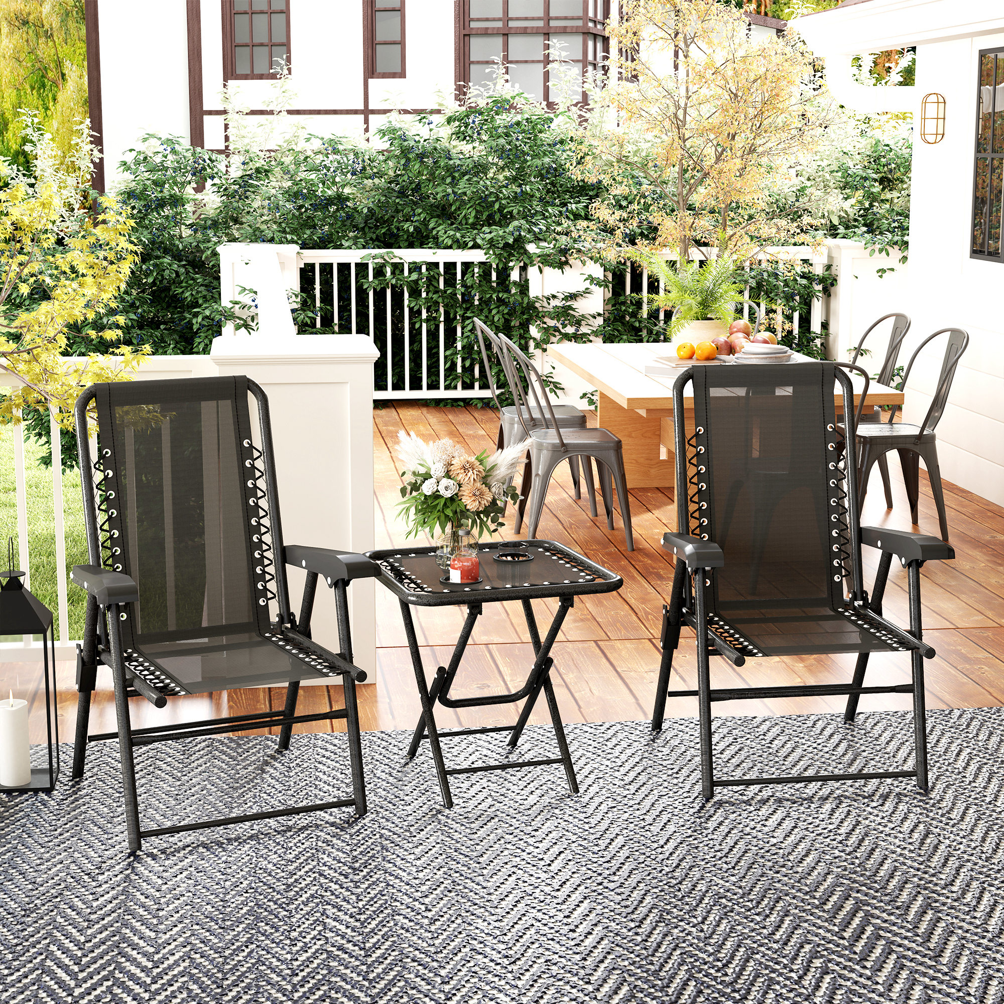 Outsunny Set Bistrot 3 pezzi in acciaio resistente alle intemperie, set mobili da giardino con tavolo pieghevole e portabicchieri, sedie da giardino, Nero   Aosom Italy