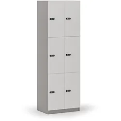 Holzspind S4 mit Ablagefächern, 6 Fächer, zerlegt, mechanisches Codeschloss, grau/weiß