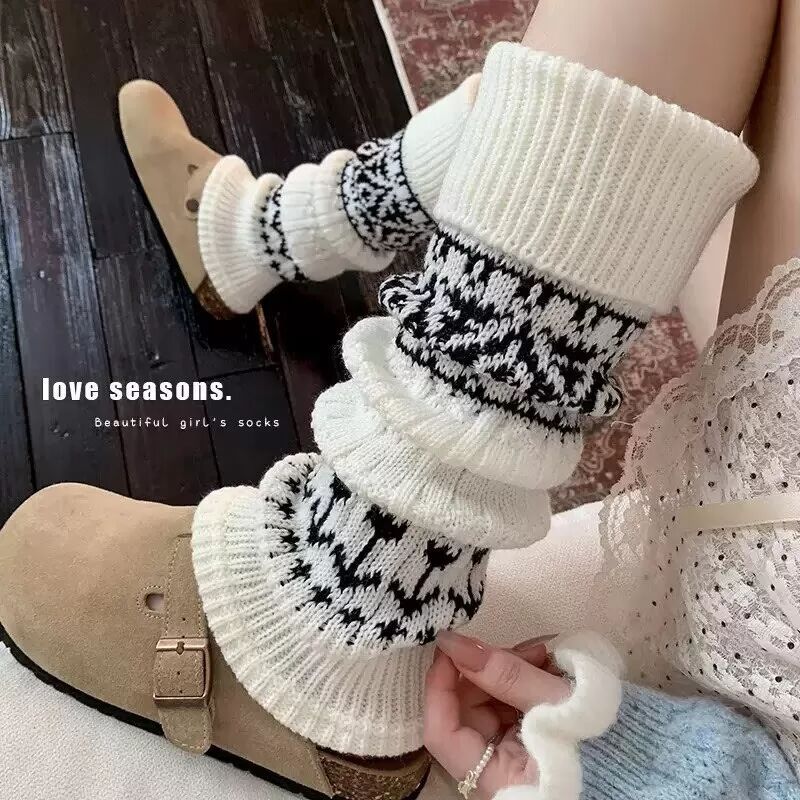 INF Fair Isle Stil Wadenstulpen - Dicke & Warme Acrylsocken Weiß