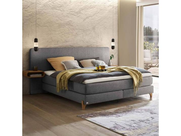 Boxspringbett Marein Webstoff 160x210cm TTF-Box Härtegrad: H2 Hellgrau modern, Mit abnehmbarem Bezug