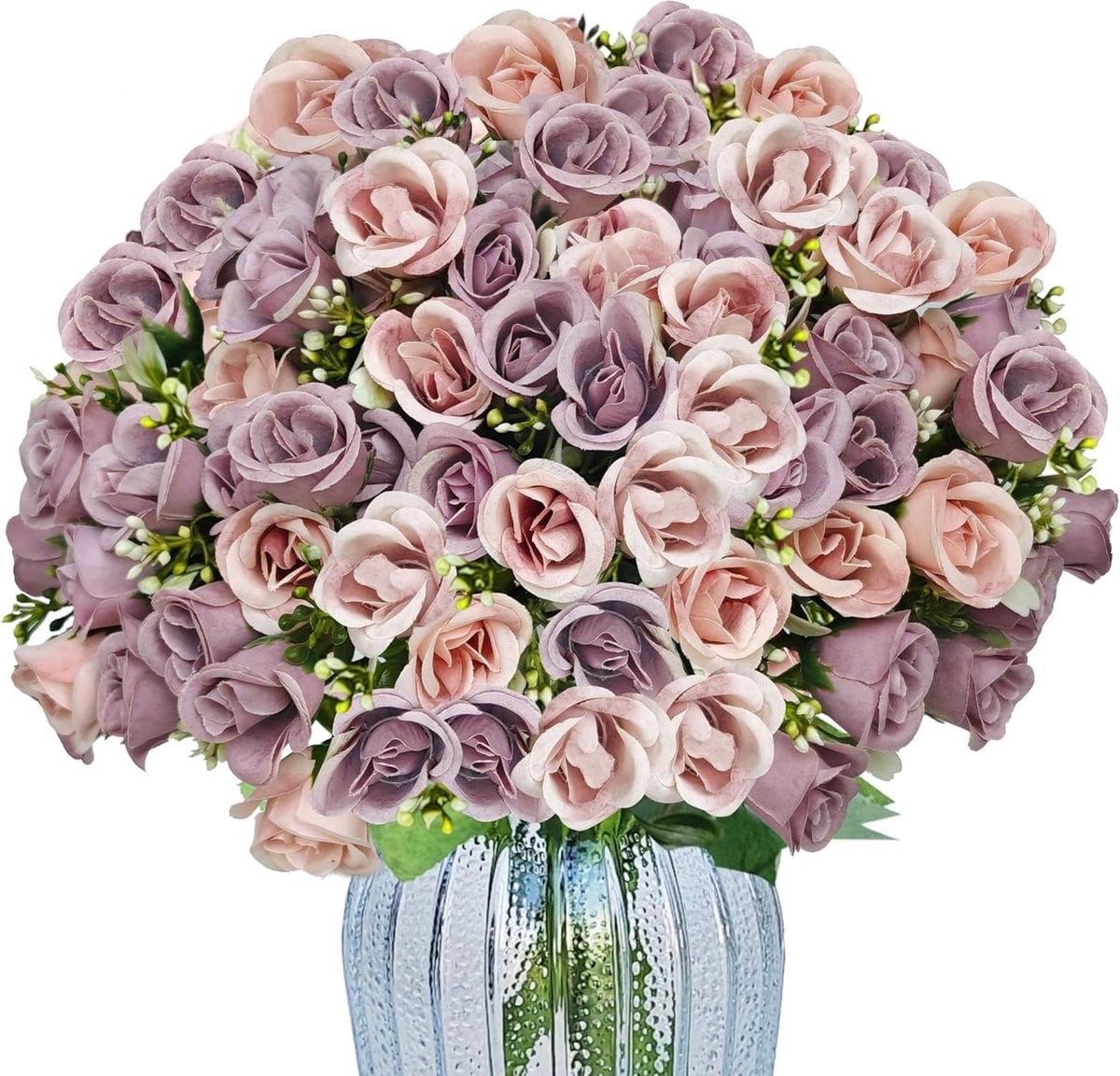 Paars kunstbloemen rozenboeket met 90 bloemkoppen voor decoratie