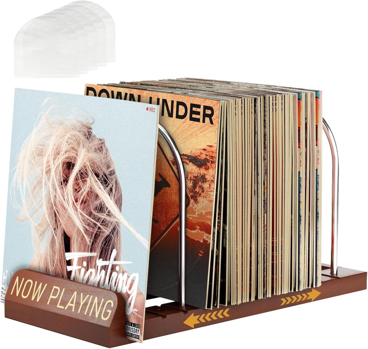 SnelShoppen Gramophone Record Holder - Retro Vinyl Stand voor 30-70 LP's - Houten en Metalen LP Houder met 5 Compartimenten
