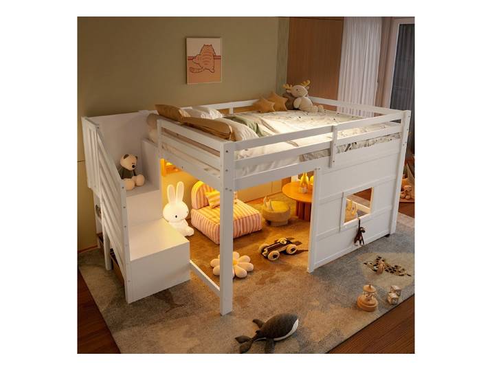 Flieks Hochbett Fenster-Form Kinderbett Holzbett 140x200cm mit LED und Stauraumtreppe