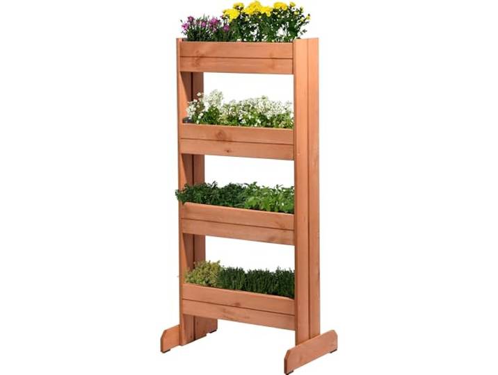 dobar® Vertikalbeet Holz 4 Pflanzkästen inkl. Pflanzfolie - Dekoratives Vertikales Hochbeet - Blumentreppe für Garten/Terrasse/Balkon- 55 x 40 x 125 cm - Braun